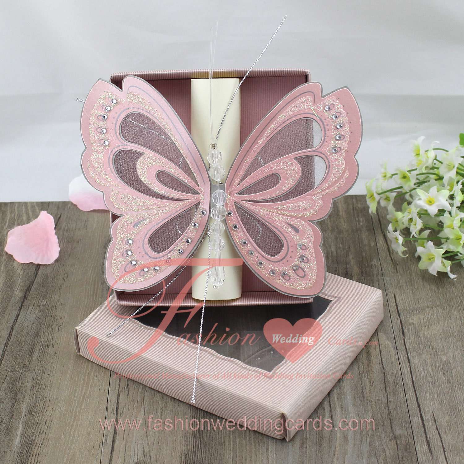 T192s Pink Butterfly Scroll Wedding Invitations